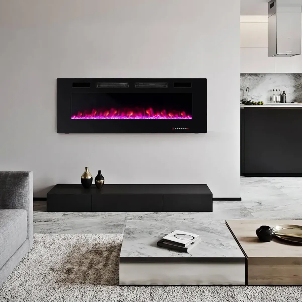 Ultra-Thin Electric Fireplace with Decorative Crystal Display