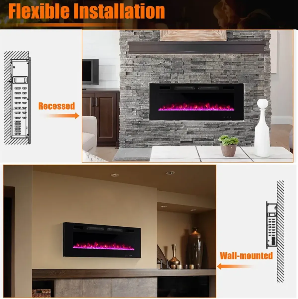 Ultra-Thin Electric Fireplace with Decorative Crystal Display