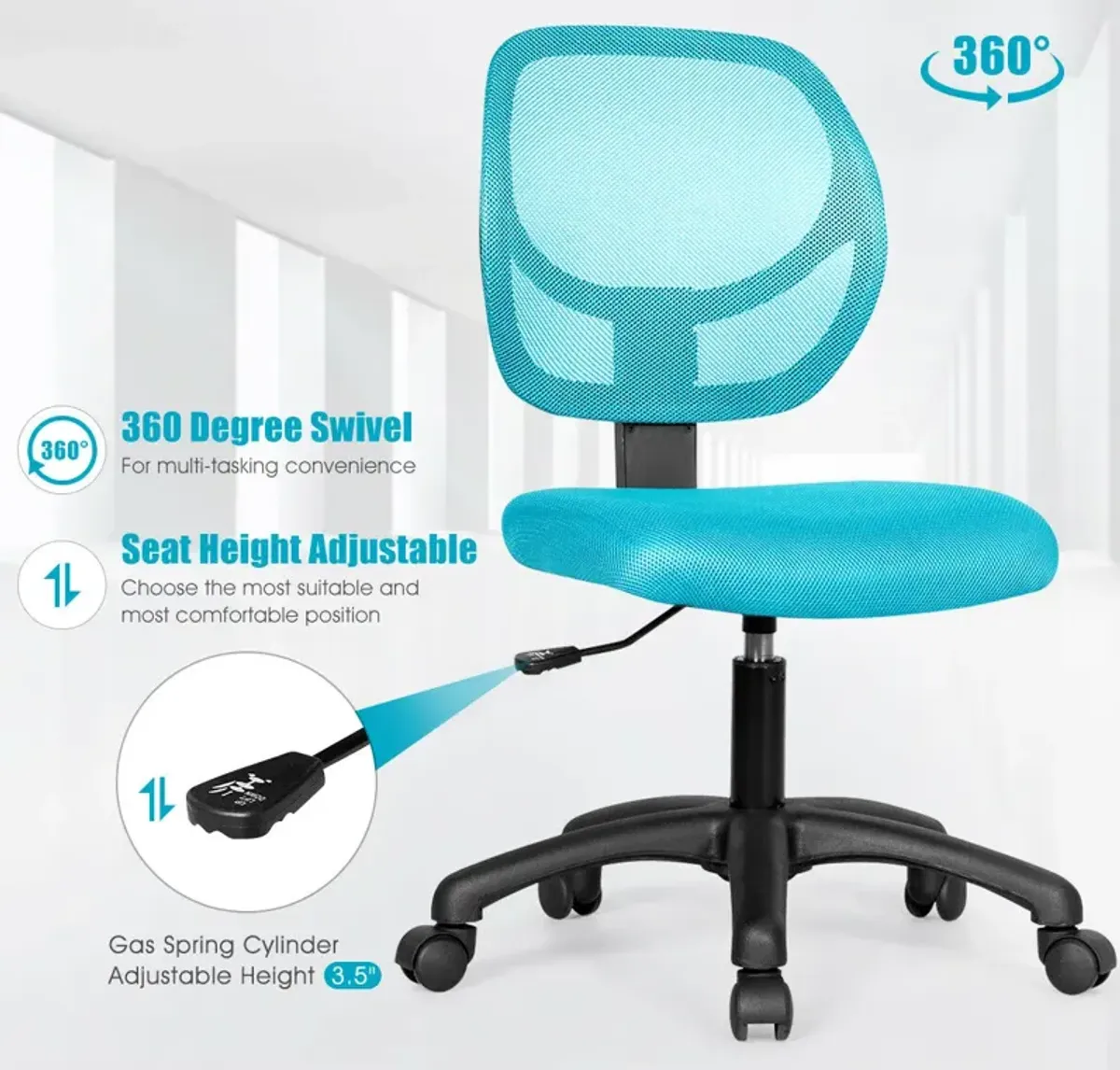 Low-back Computer Task Chair with Adjustable Height and Swivel Casters