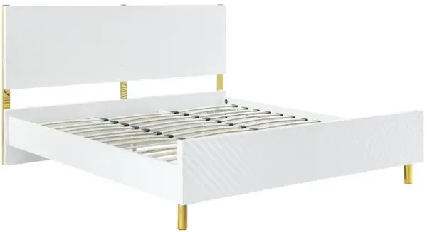 Tyra Modern Queen Bed, Panel Headboard, Luxury Textured Chevron, White Gold-Benzara