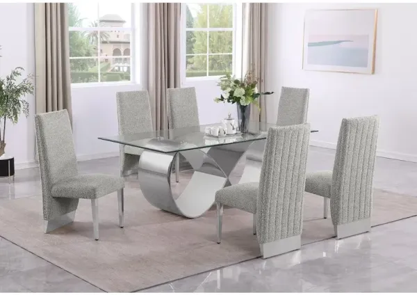 Best Quality Furniture 7Pc Tempered Glass Dining Set 6 Rich Gray Boucle Side Chairs And A Silver Base