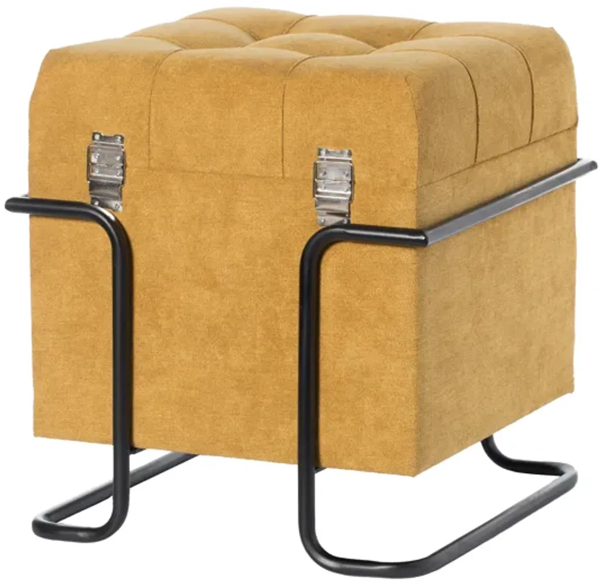 Square Fabric Storage Ottoman with Black Metal Frame, Yellow