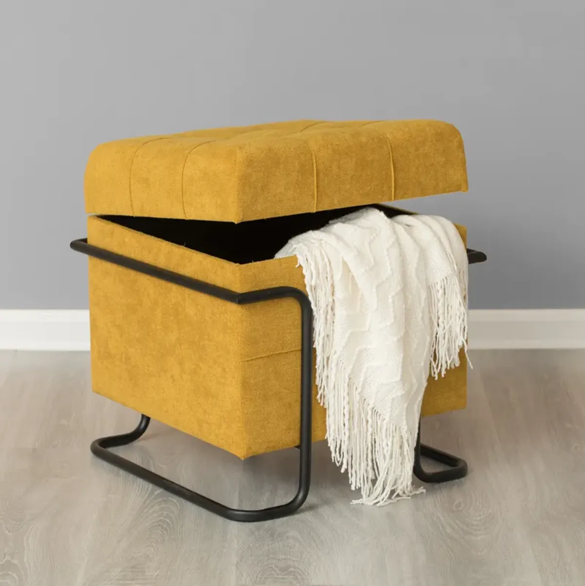 Square Fabric Storage Ottoman with Black Metal Frame, Yellow