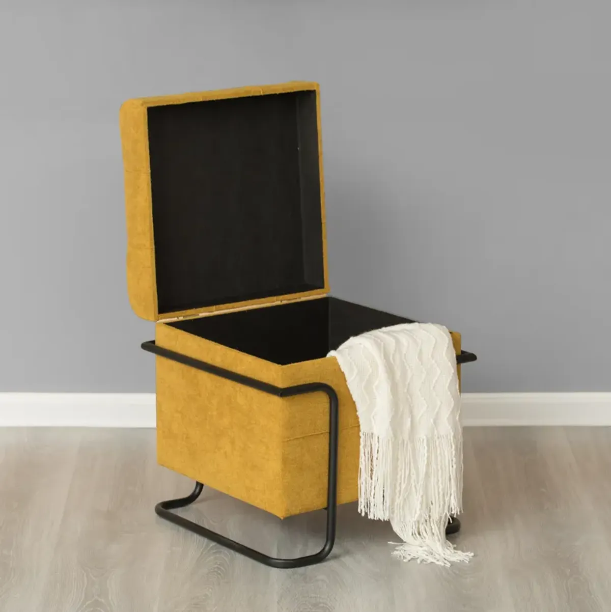 Square Fabric Storage Ottoman with Black Metal Frame, Yellow