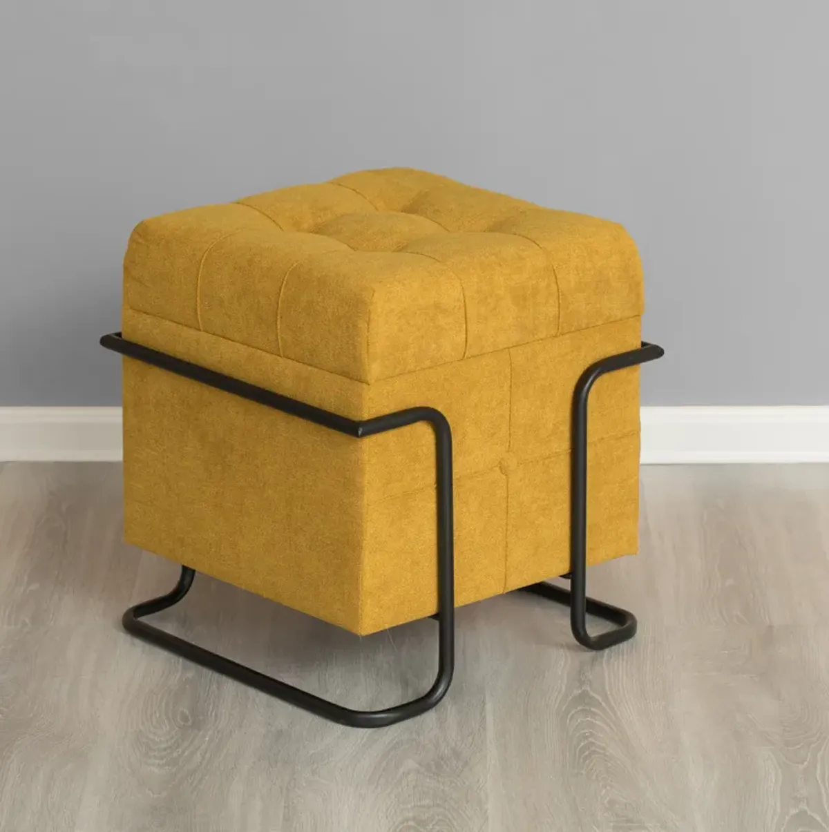 Square Fabric Storage Ottoman with Black Metal Frame, Yellow