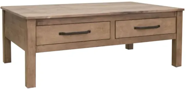 Benjara Umey 53 Inch Coffee Table, 2 Drawers, Light Natural Wood Frame, Brown and Black