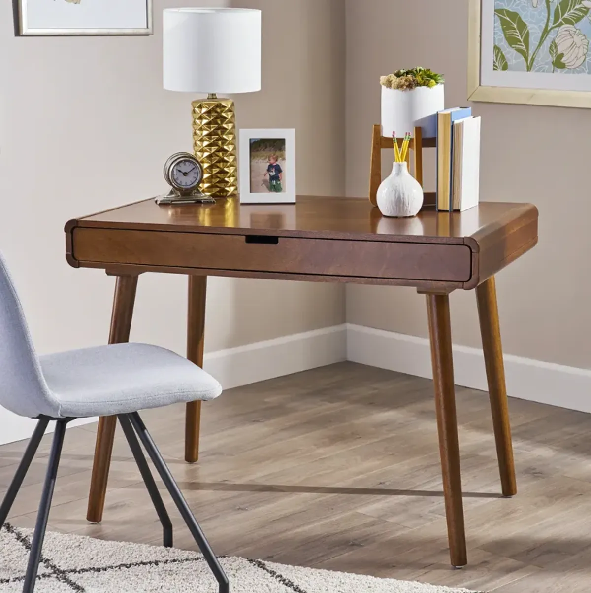 Mid-Century Modern Desk with Drawer for Home Office or Student Room