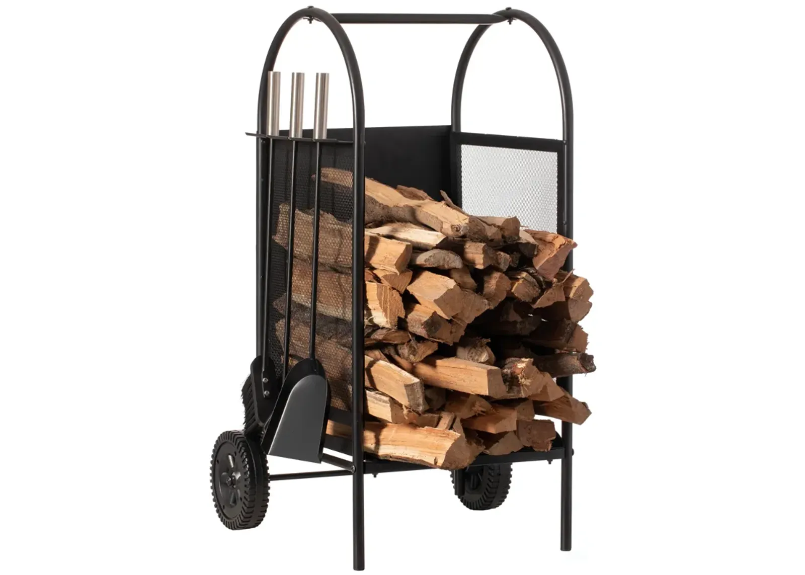 Indoor and Outdoor Patio Iron Firewood Log Cart with Wheels and Fireplace Tool Set, Black