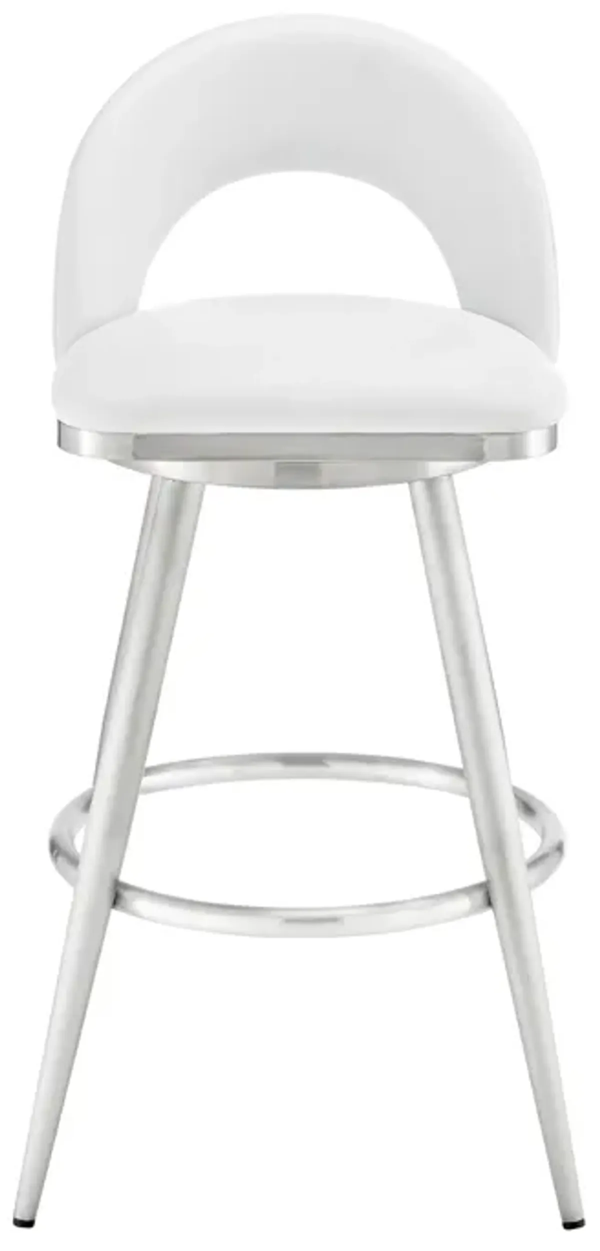 Visy 26 Inch Swivel Counter Stool Chair, Round Back, White Faux Leather - Benzara