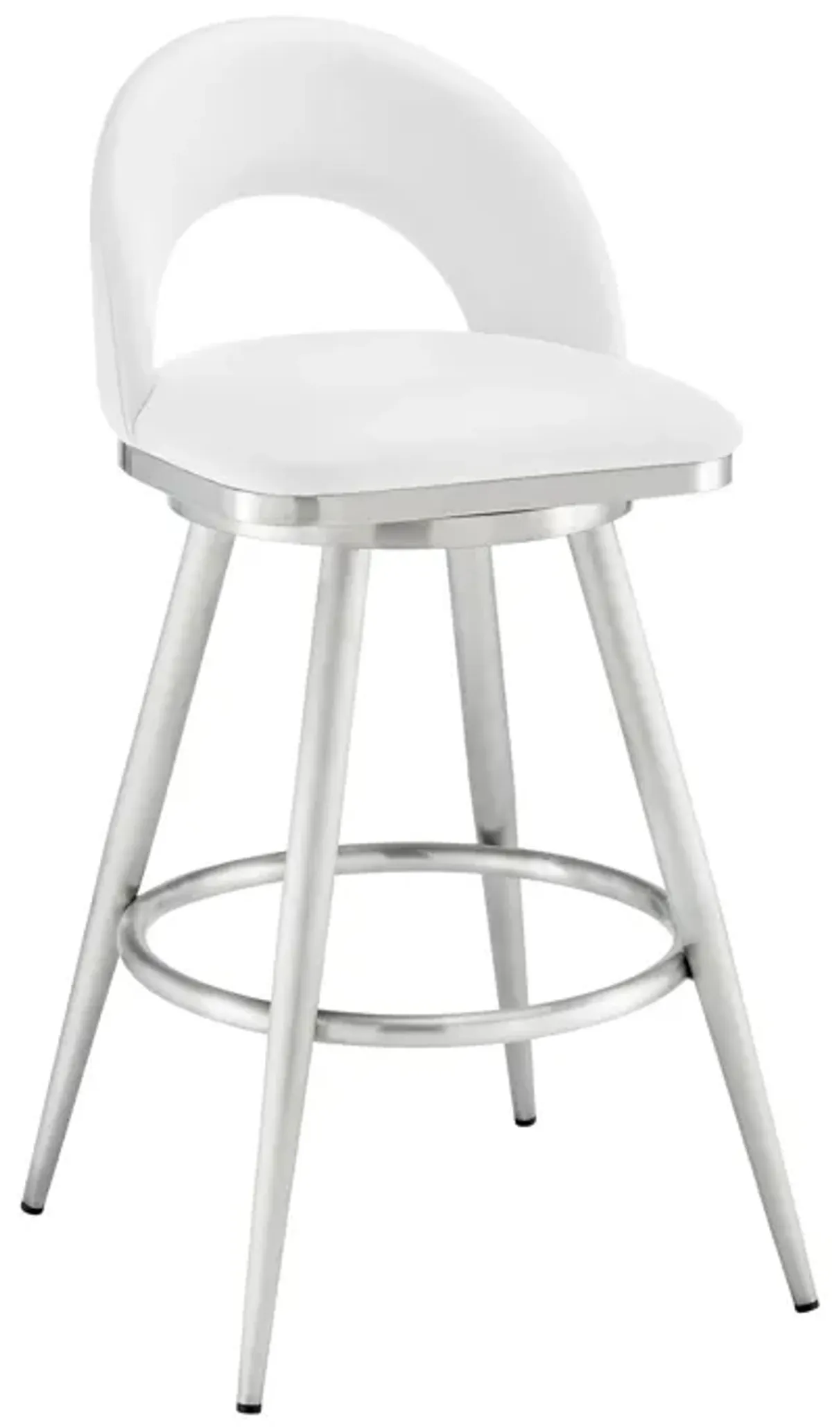 Visy 26 Inch Swivel Counter Stool Chair, Round Back, White Faux Leather - Benzara