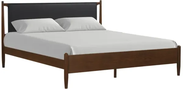 Niyu King Size Bed, Black Faux Leather Upholstery, Brown Solid Wood - Benzara