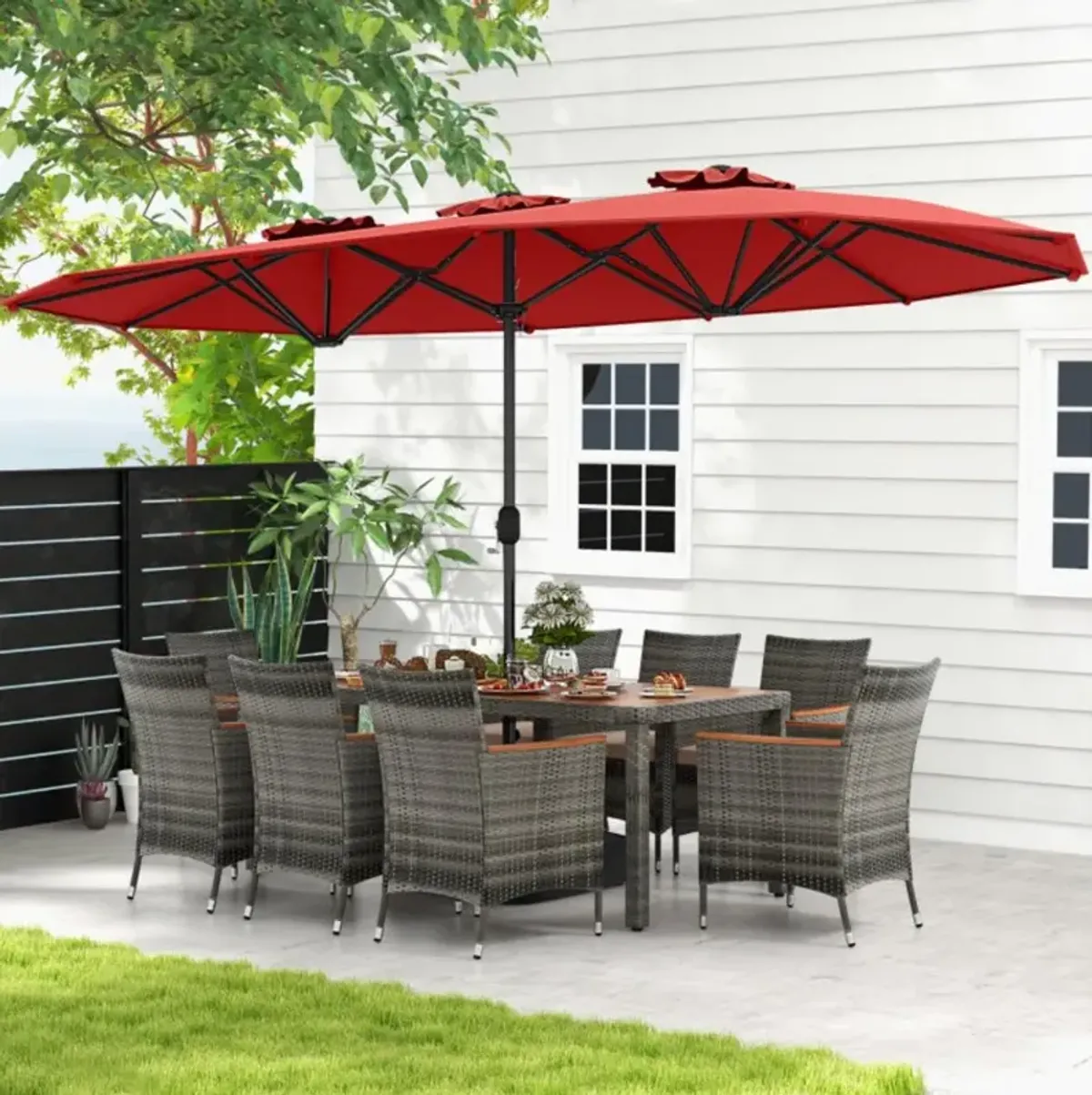 Hivvago 10 Pieces Patio Wicker Dining Set with 15 Feet Double-Sided Patio Umbrella