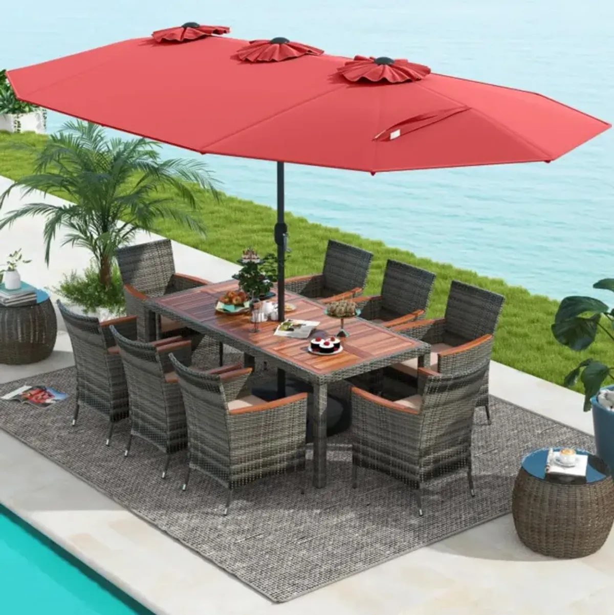 Hivvago 10 Pieces Patio Wicker Dining Set with 15 Feet Double-Sided Patio Umbrella