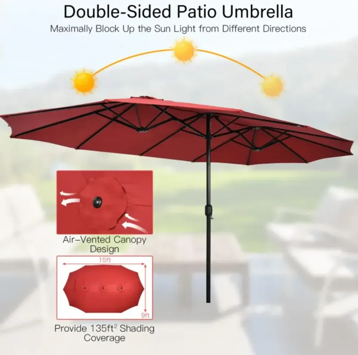 Hivvago 10 Pieces Patio Wicker Dining Set with 15 Feet Double-Sided Patio Umbrella