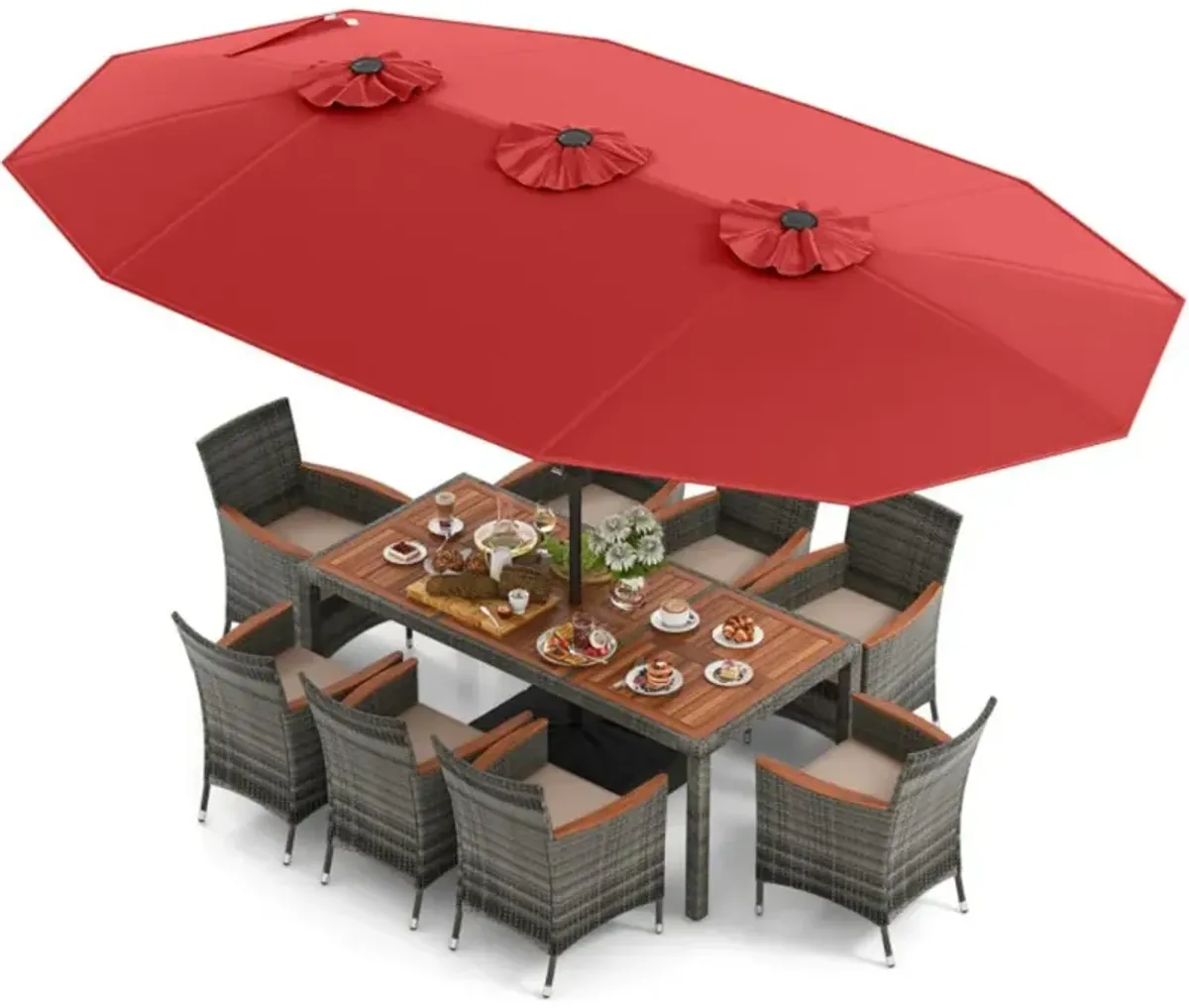 Hivvago 10 Pieces Patio Wicker Dining Set with 15 Feet Double-Sided Patio Umbrella