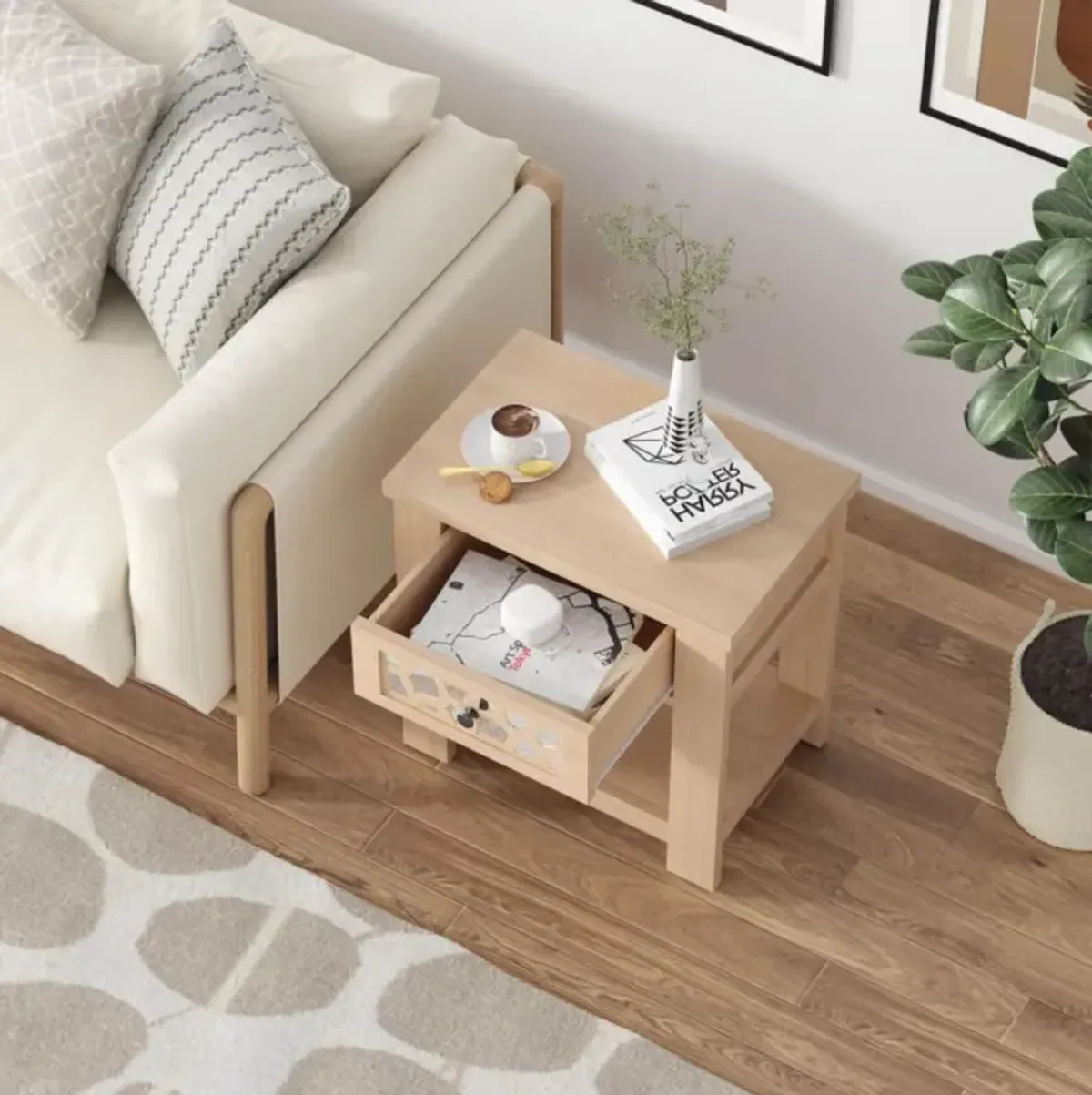 Hivvago Wood Retro End Table with Mirrored Glass Drawer and Open Storage Shelf