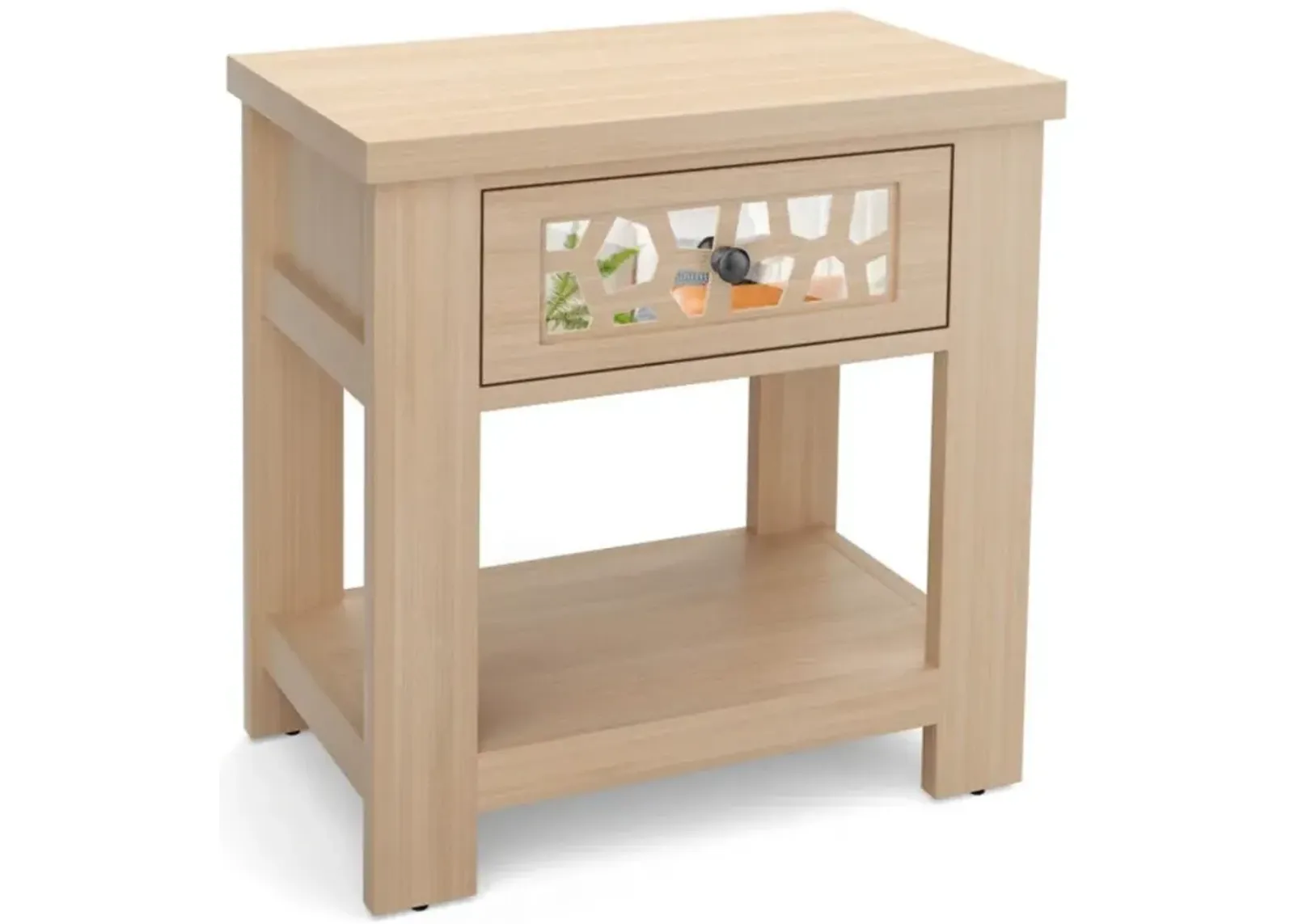 Hivvago Wood Retro End Table with Mirrored Glass Drawer and Open Storage Shelf