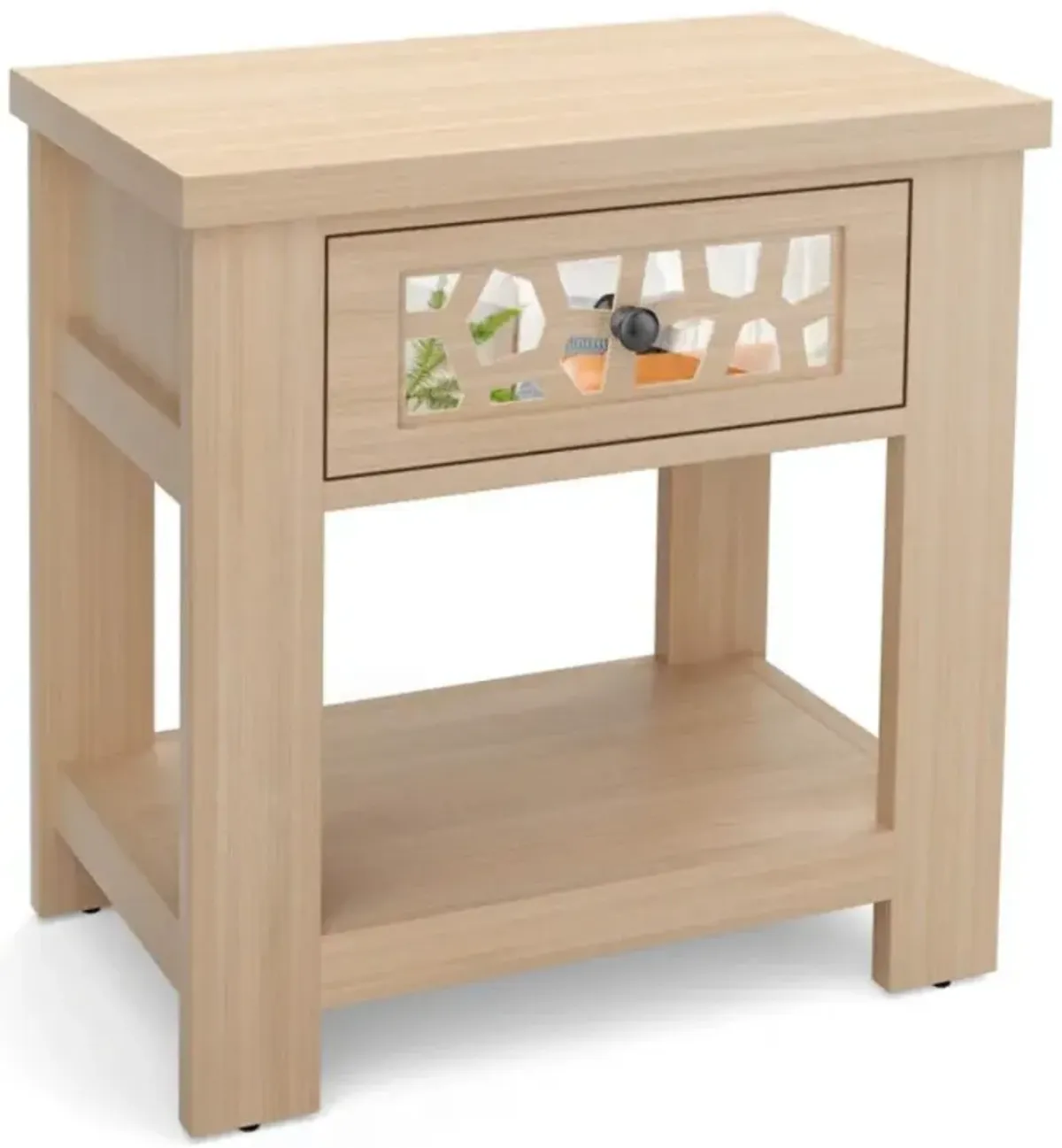 Hivvago Wood Retro End Table with Mirrored Glass Drawer and Open Storage Shelf