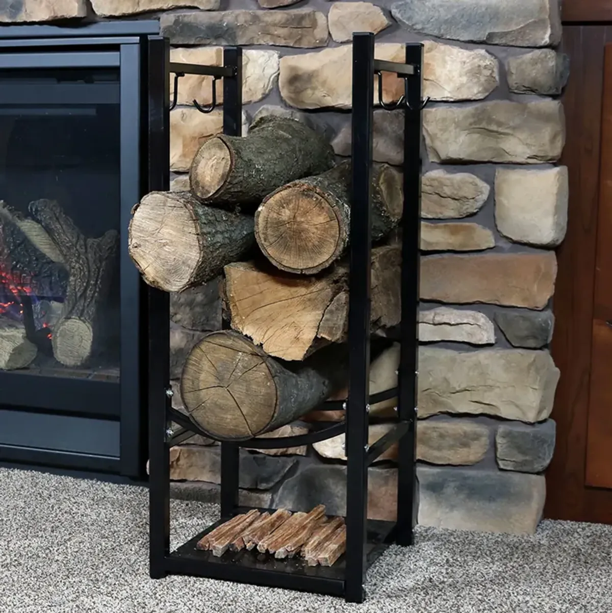 Sunnydaze 32 in Steel Firewood Log Rack with Tool Holders