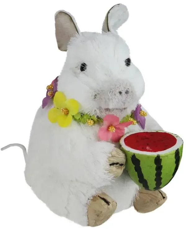 6.75" White Sisal Piglet with Floral Lei and Watermelon Tabletop Figure