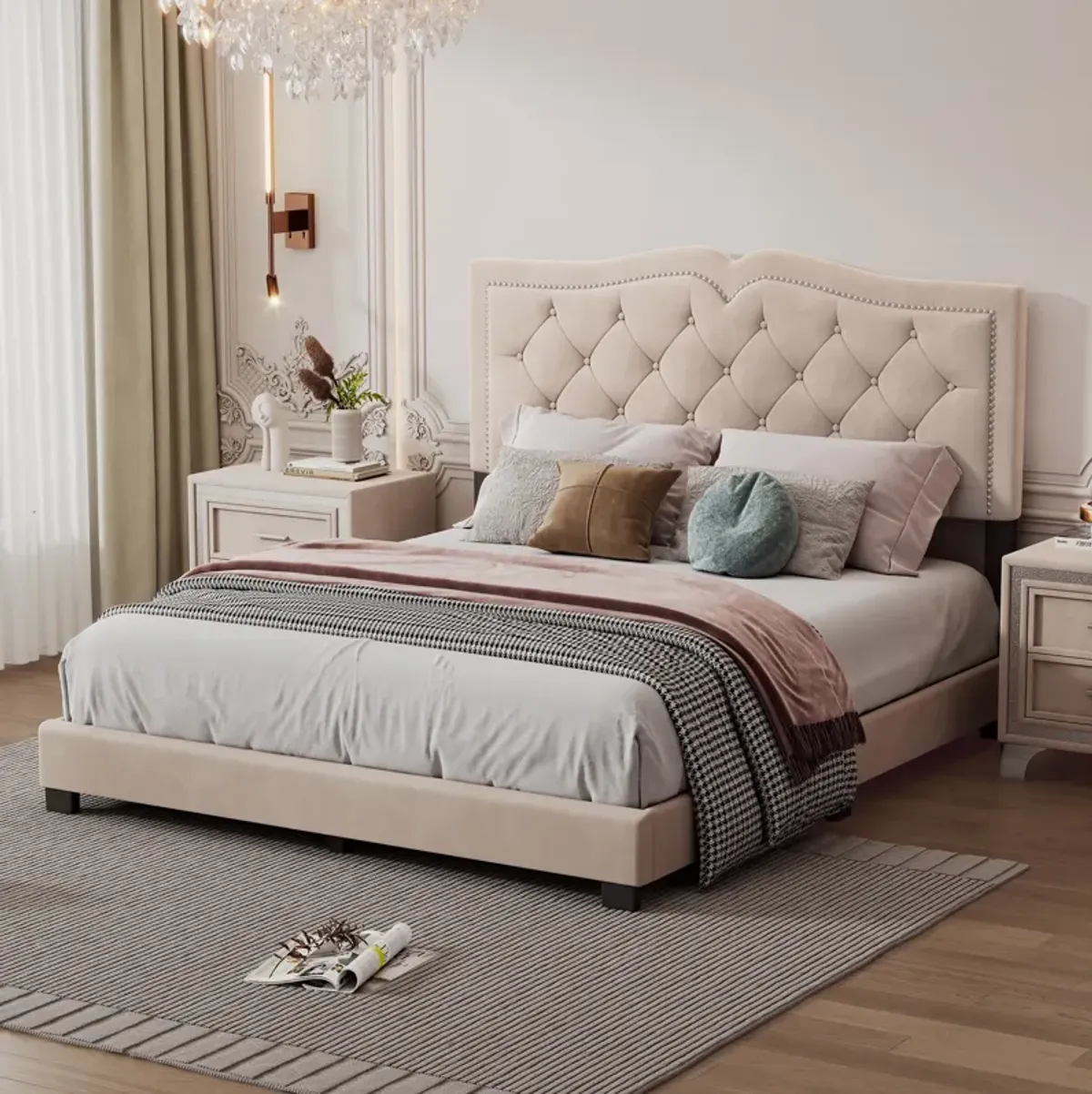 Merax Modern Velvet Platform Bed with Headboard