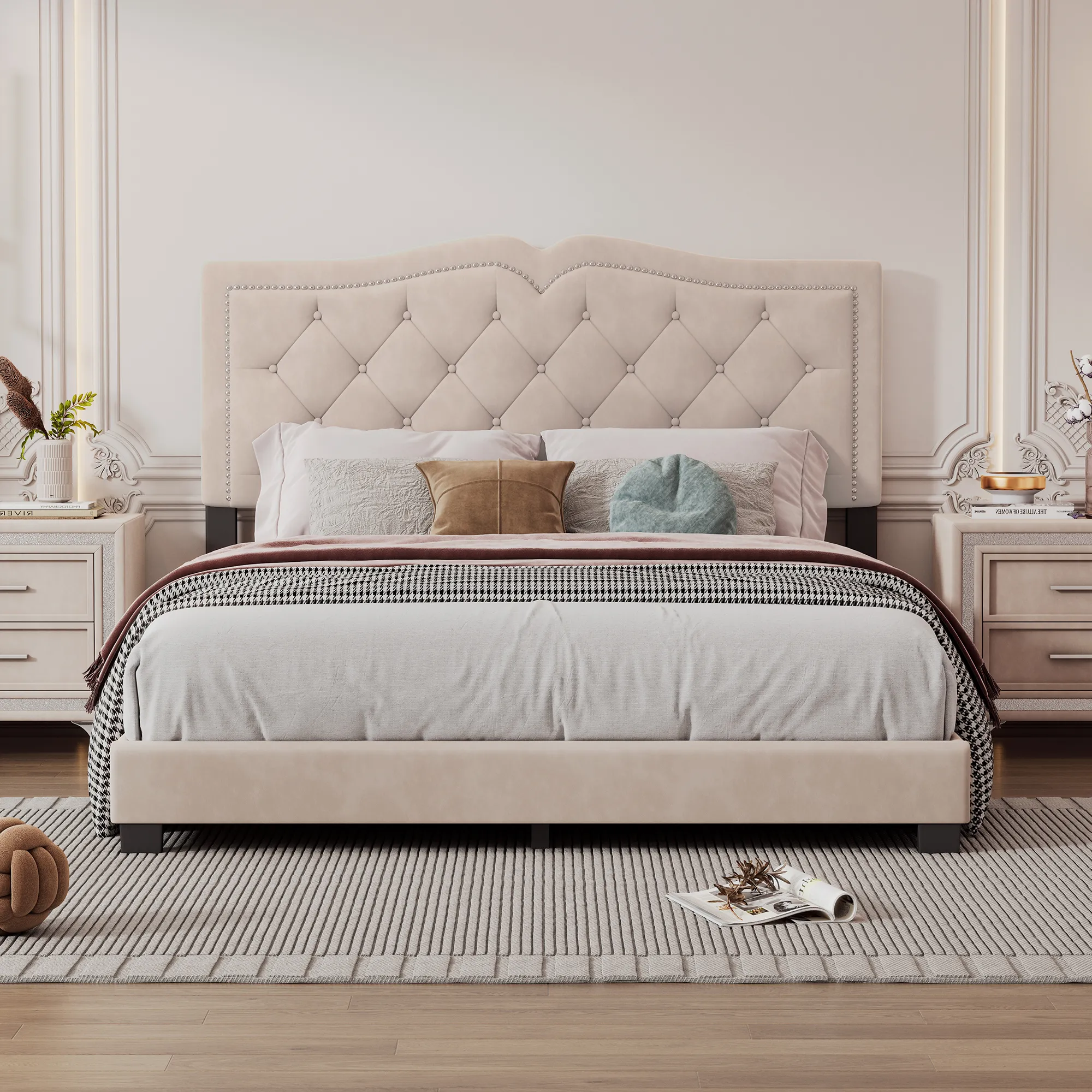 Merax Modern Velvet Platform Bed with Headboard