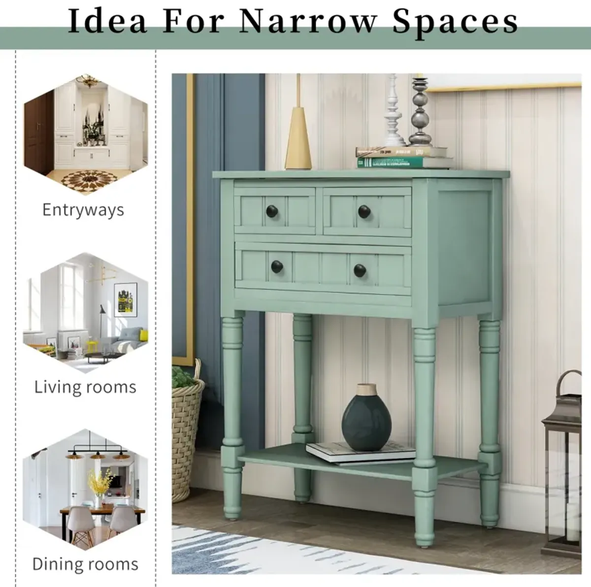 Narrow Console Table, Slim Sofa Table with Three Storage Drawers and Bottom Shelf for Living Room, Easy Assembly