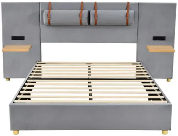 Upholstered Platform Bed with Storage Shelves USB Ports and Bedside Pillows