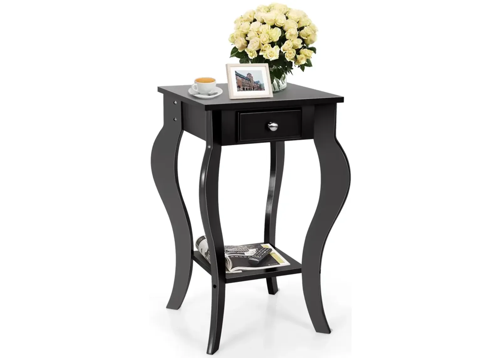 2-Tier End Table with Drawer and Shelf for Living Room Bedroom