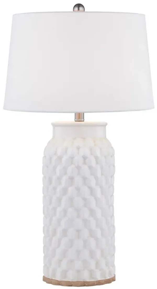 28 Inch Table Lamp, Textured Stand, Gold Trim, Ceramic, Crackle Cream - Benzara