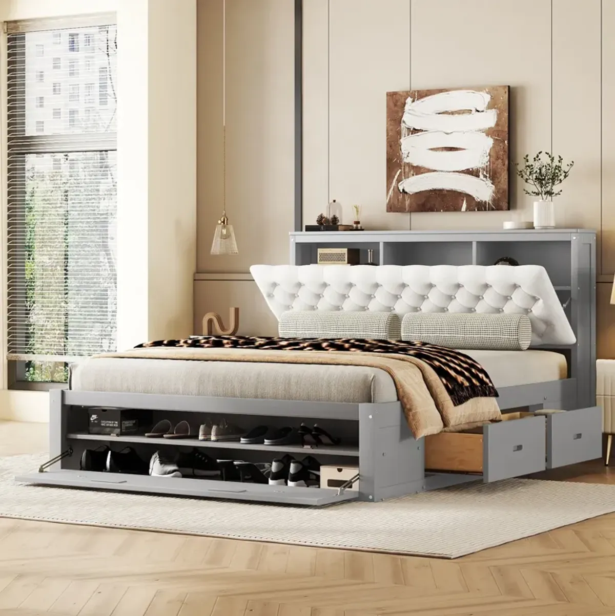 Merax Platform Bed with Storage Headboard