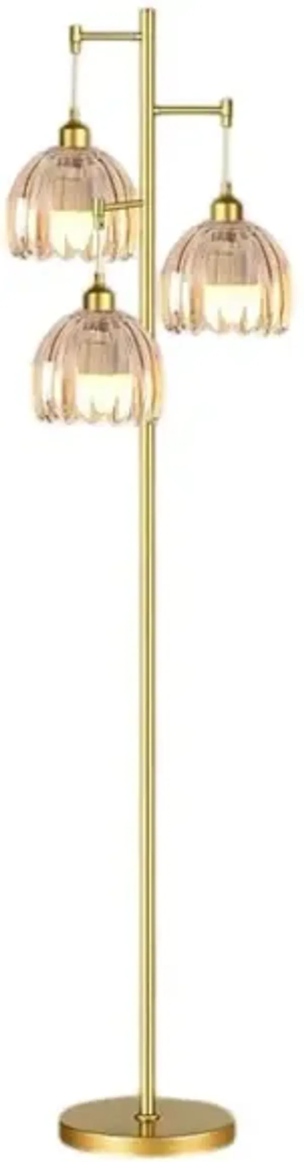Gold Tree Floor Lamp – 3 Amber Glass Flower Shades, Brass Finish