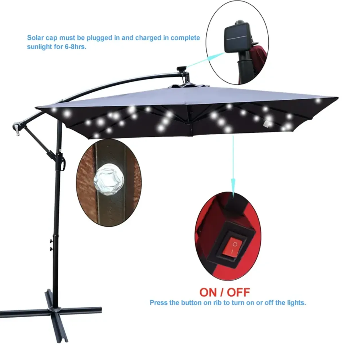 Solar Powered LED Patio Umbrella with Crank & Base