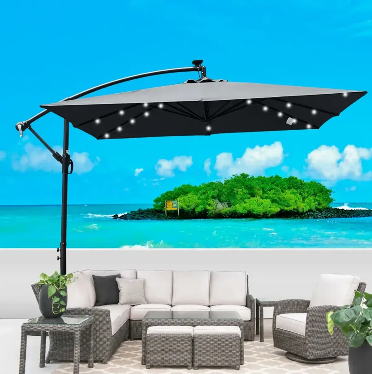 Solar Powered LED Patio Umbrella with Crank & Base