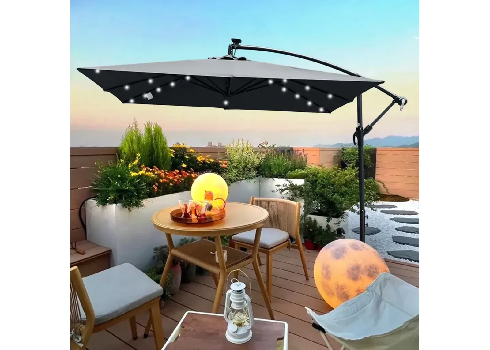 Solar Powered LED Patio Umbrella with Crank & Base