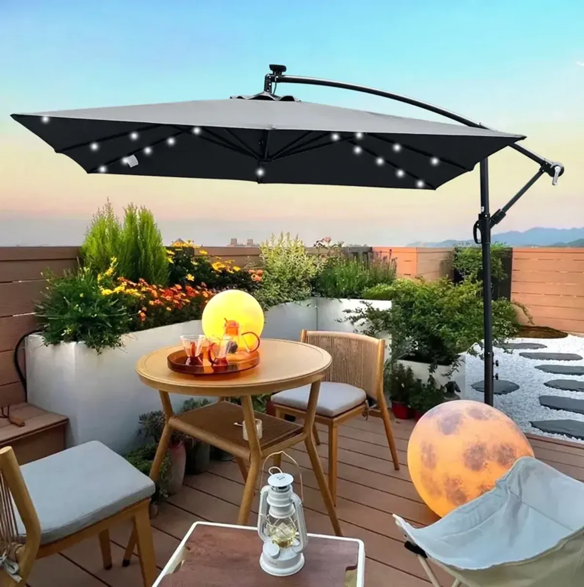 Solar Powered LED Patio Umbrella with Crank & Base