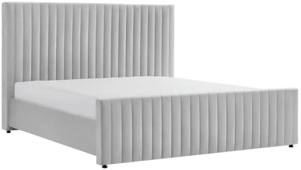 Tini Queen Size Platform Bed, Channel Tufted Upholstery, Gray Velvet - Benzara