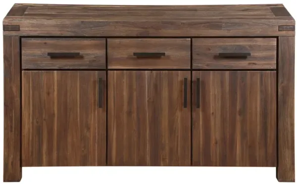 Three Drawers Solid Acacia Wood Sideboard with Three Door Cabinets, Brick Brown - Benzara