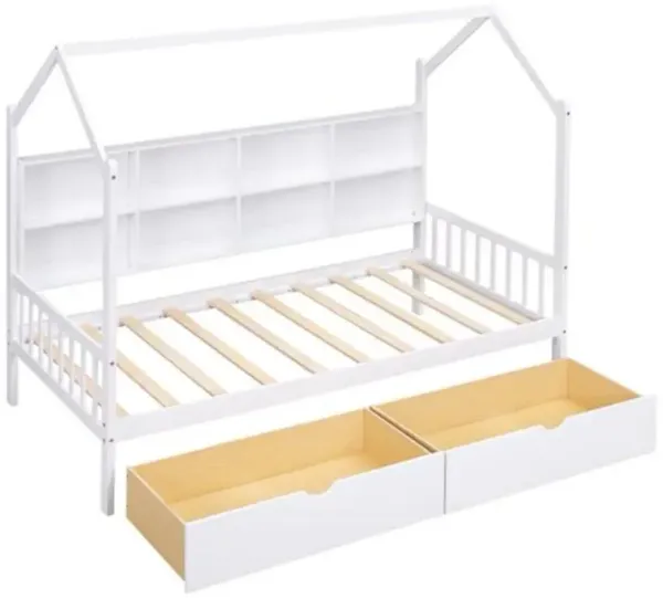 House Bed with 2 Drawers & Storage Shelf Space-Saving Wooden Kids' Bed Frame