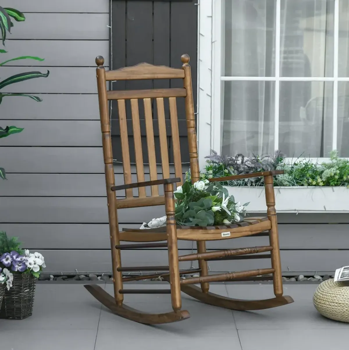 Brown Porch Comfort: Traditional Wooden High-Back Rocking Chair