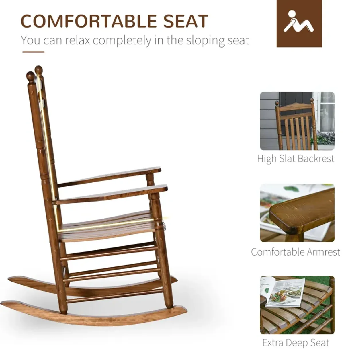 Brown Porch Comfort: Traditional Wooden High-Back Rocking Chair