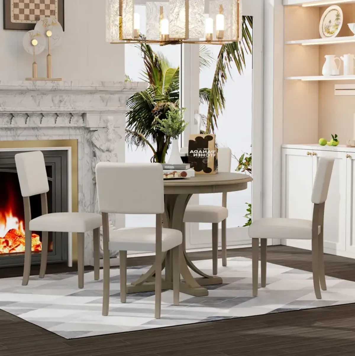 Streamdale Retro Round Dining Table Set with Trestle Legs & 4 Chairs