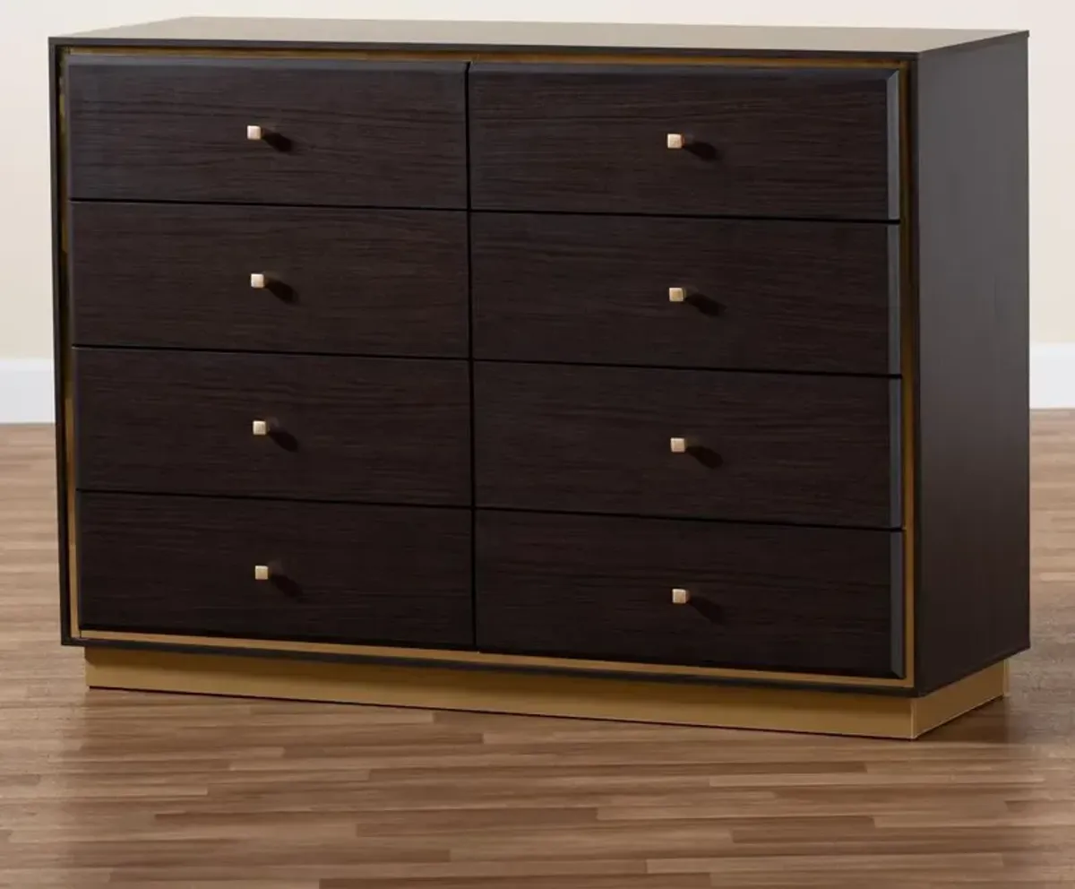 Espresso Brown Finished Wood and Gold Metal 8-Drawer Dresser