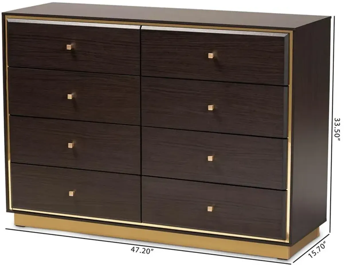 Espresso Brown Finished Wood and Gold Metal 8-Drawer Dresser