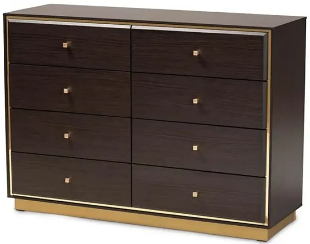 Espresso Brown Finished Wood and Gold Metal 8-Drawer Dresser