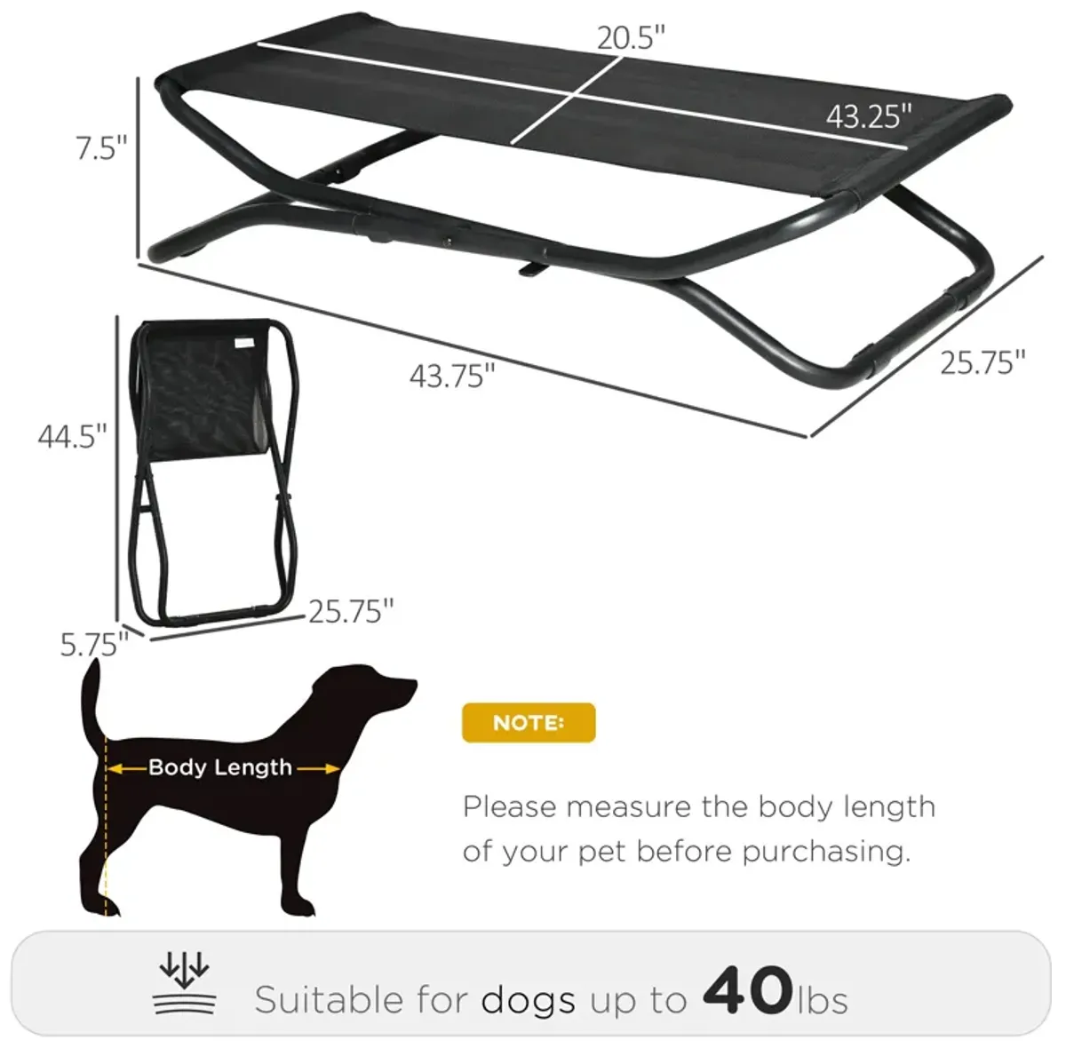 Black Pet Comfort: 44" Cooling Elevated Foldable Dog Bed