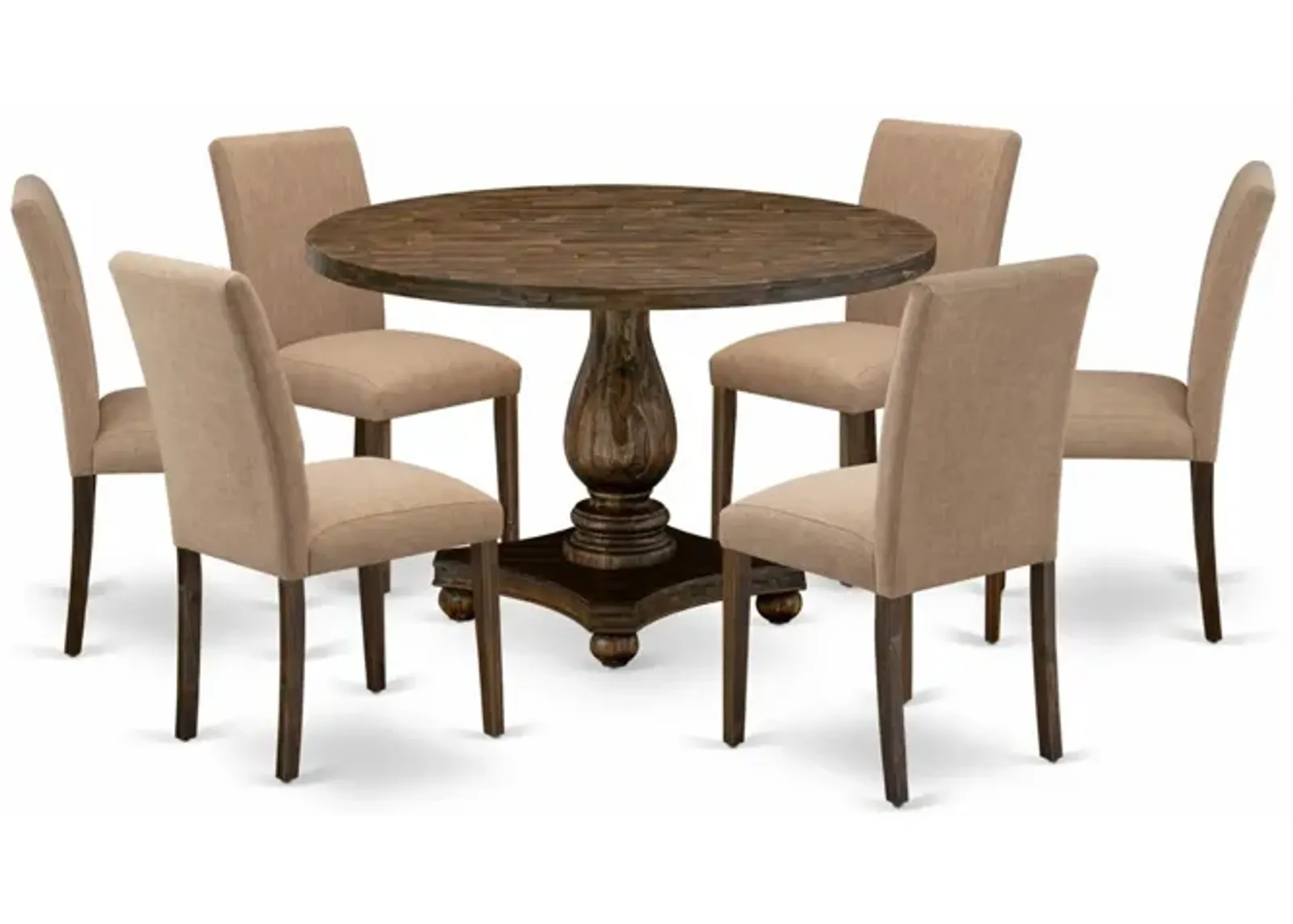 East West Furniture I2AB7-747 7Pc Dining Set - Round Table and 6 Parson Chairs - Distressed Jacobean Color