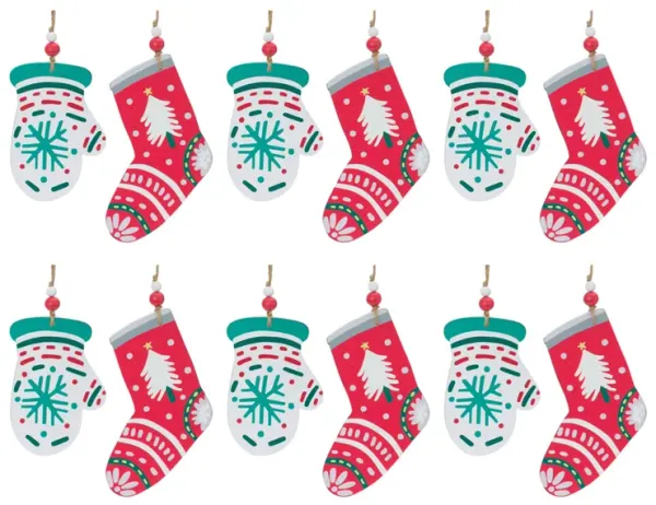 Wood Mitten and Stocking Ornaments (Set of 12) – Versatile Holiday Ornaments for Christmas Trees and Gift Wrapping
