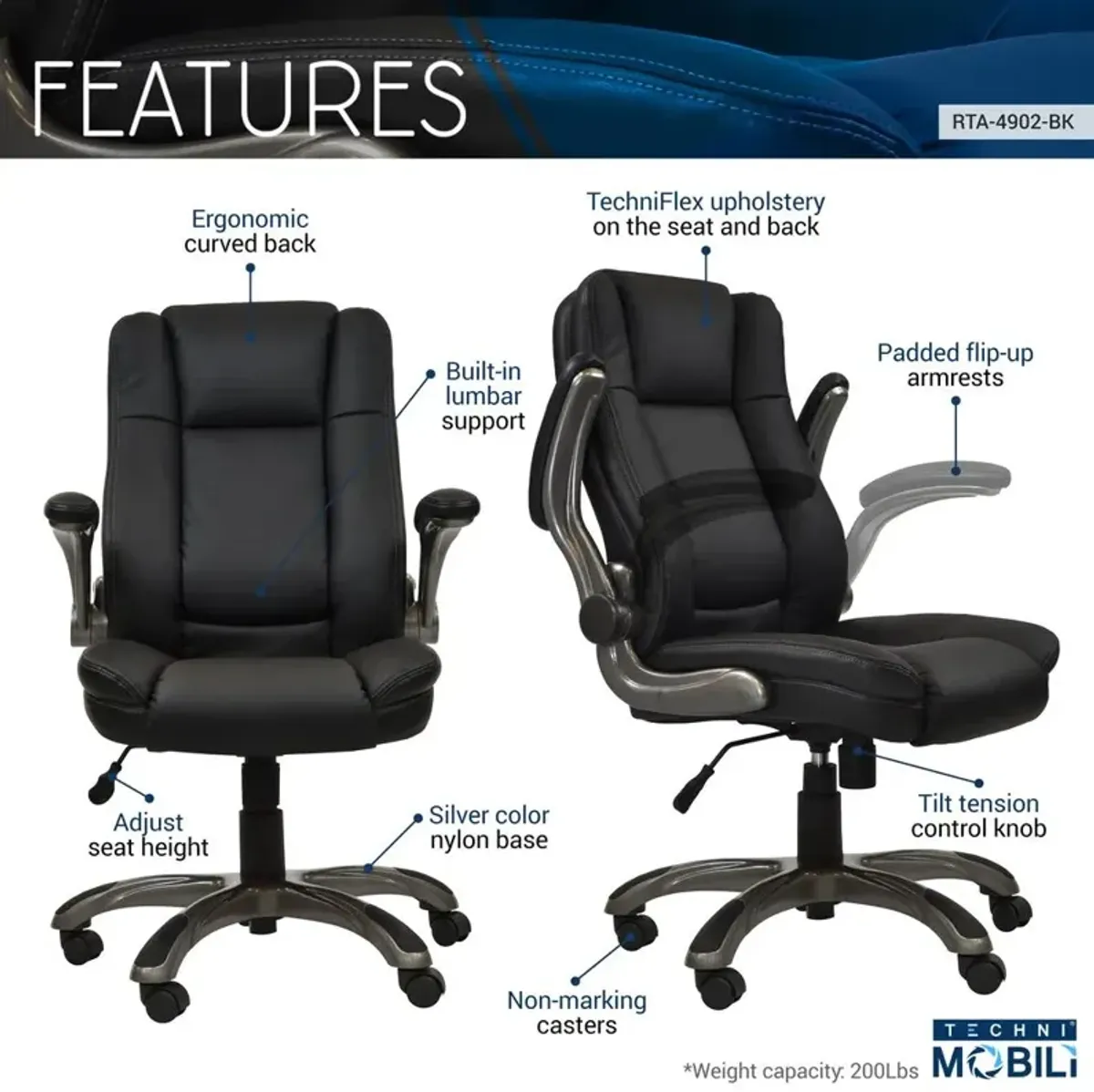 Techni Mobili Medium Back Executive Office Chair with Flip-up Arms. Color: Black