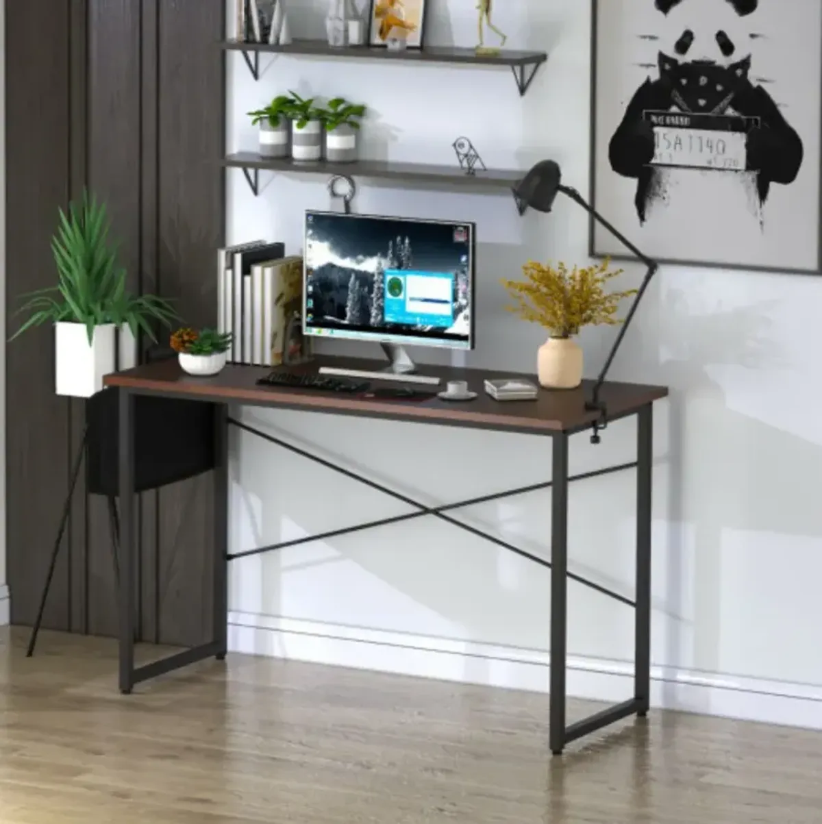 Modern Computer Desk Study Writing Table Home Office with Storage Bag Coffee